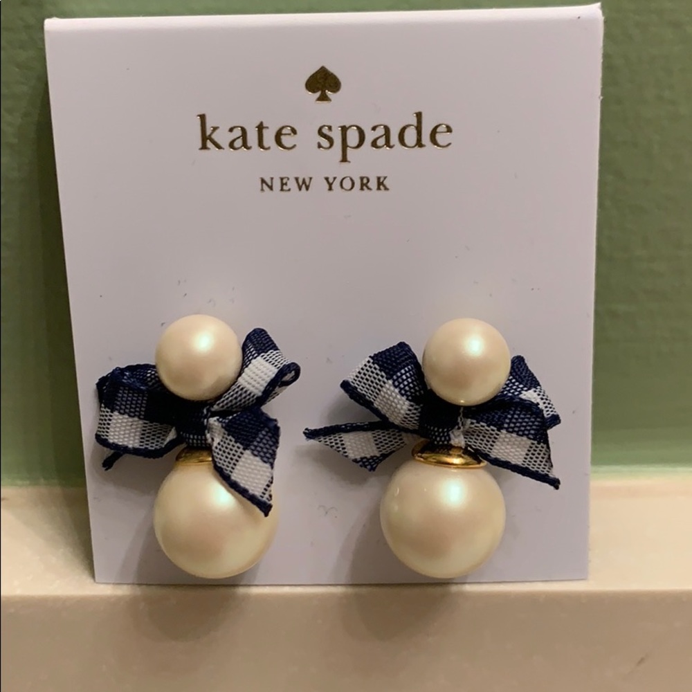 Kate Spade Pearl Drop Earring w/navy gingham bow